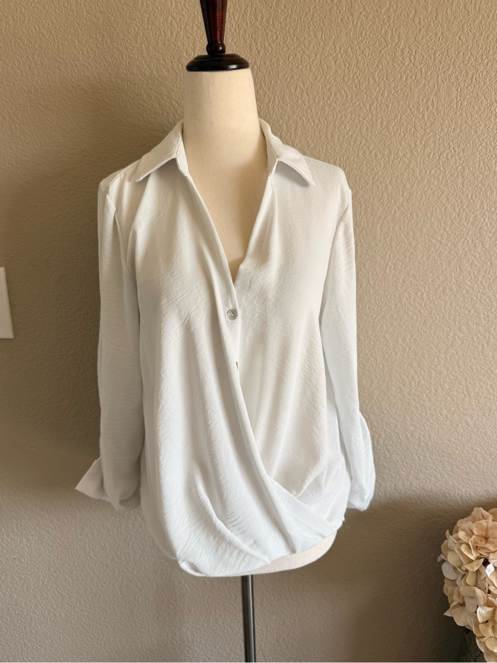 Women's White Draped Button-Front Blouse